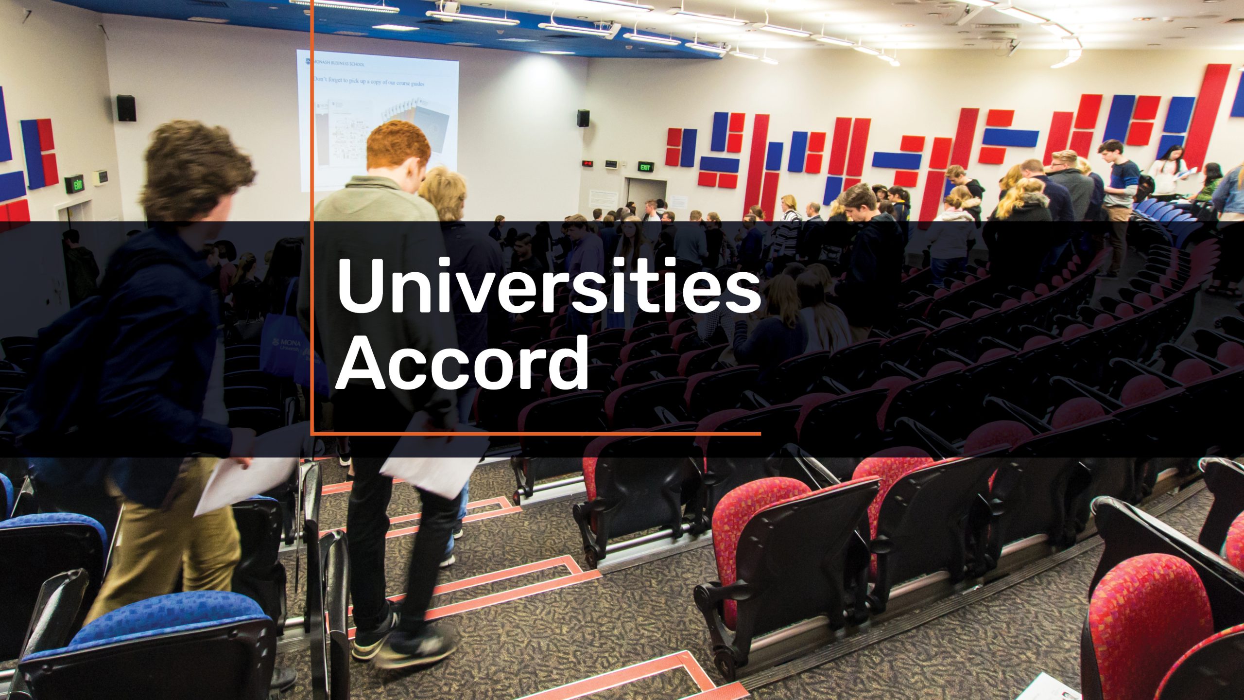 People leaving a lecture hall with the text "Universities Accord" over the top.